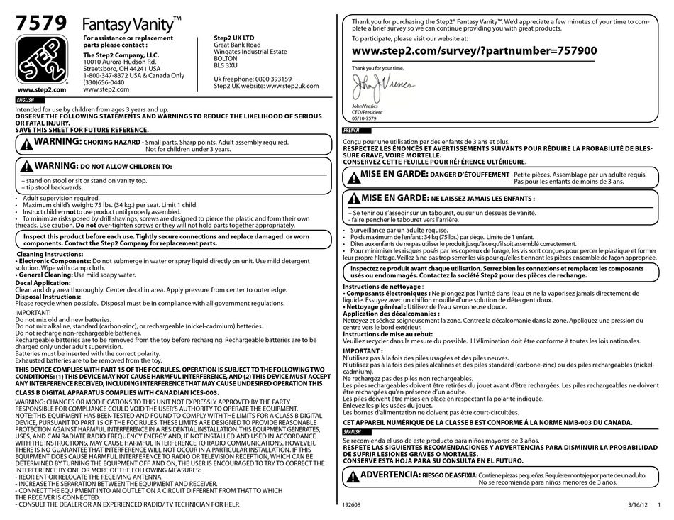 STEP2 FANTASY VANITY 7579 MANUAL Pdf Download ManualsLib