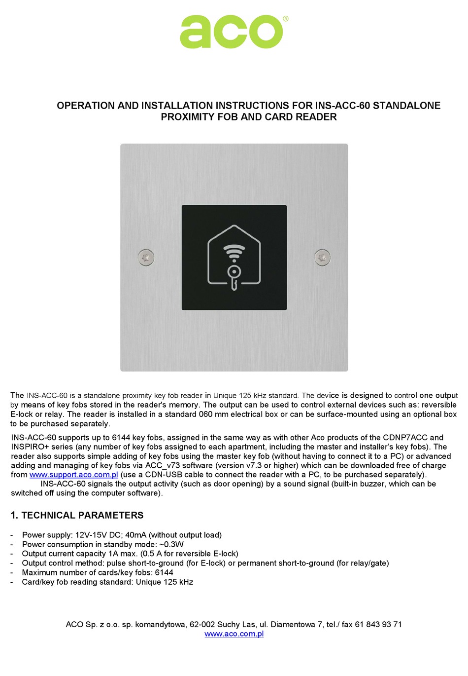 ACO INSACC60 OPERATION AND INSTALLATION INSTRUCTIONS Pdf Download