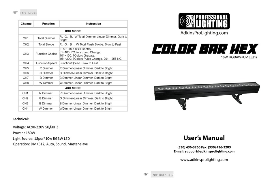 ADKINS PROFESSIONAL LIGHTING COLOR BAR HEX USER MANUAL Pdf Download