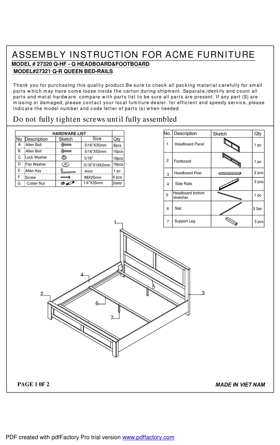 ACME FURNITURE VIDALIA 27320 QHF ASSEMBLY INSTRUCTION Pdf Download