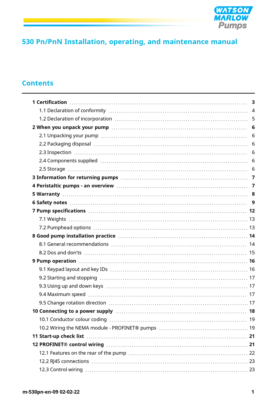WATSON MARLOW PUMPS 530 PN INSTALLATION, OPERATING AND MAINTENANCE