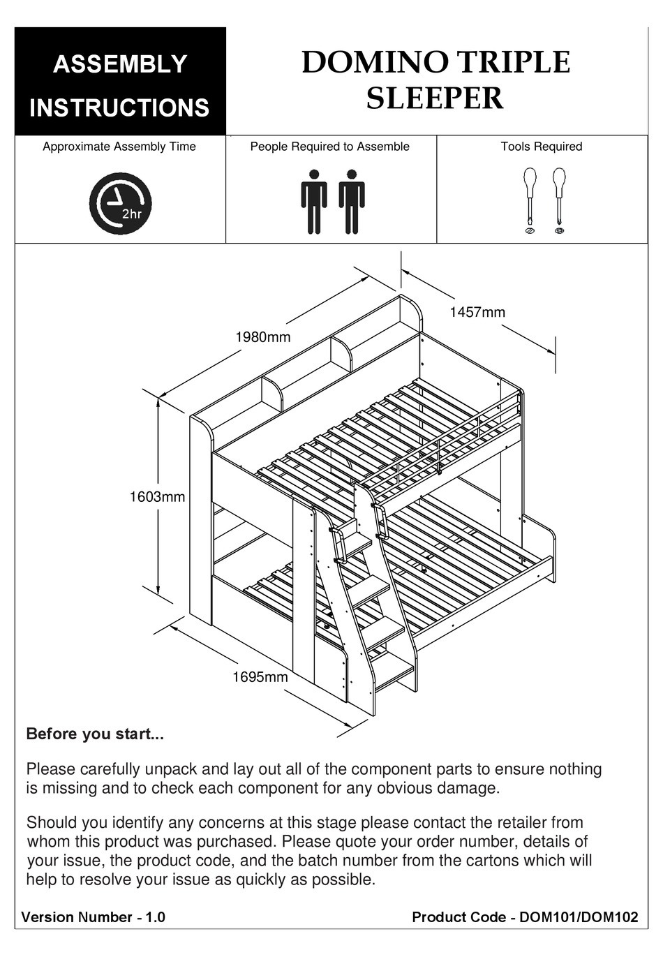JULIAN BOWEN DOMINO TRIPLE SLEEPER DOM101 ASSEMBLY INSTRUCTIONS MANUAL Pdf Download ManualsLib
