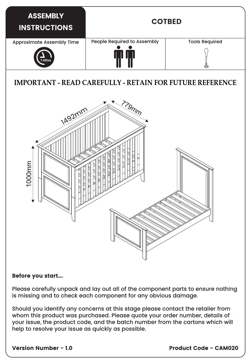 JULIAN BOWEN COTBED CAM020 ASSEMBLY INSTRUCTIONS MANUAL Pdf Download