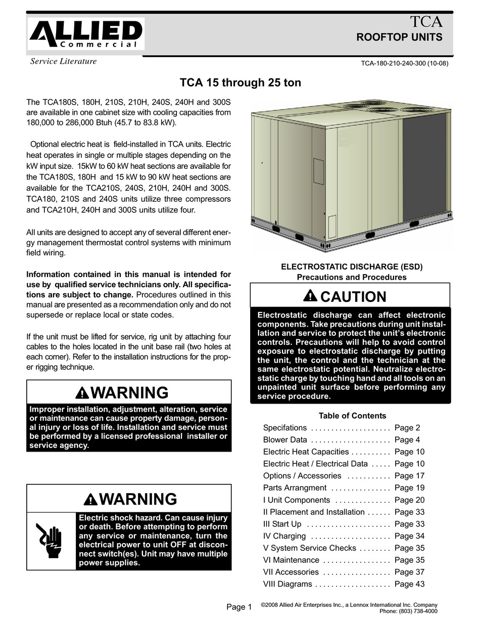 LENNOX ALLIED COMMERCIAL TCA180S2B STANDARD MANUAL Pdf Download