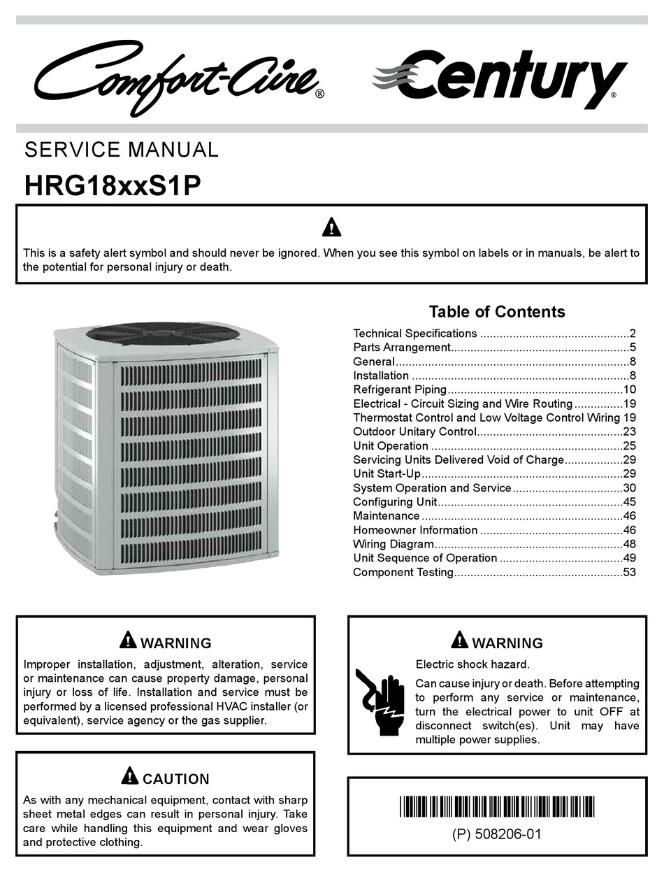 MARS CENTURY COMFORTAIRE HRG18 S1P SERIES SERVICE MANUAL Pdf Download