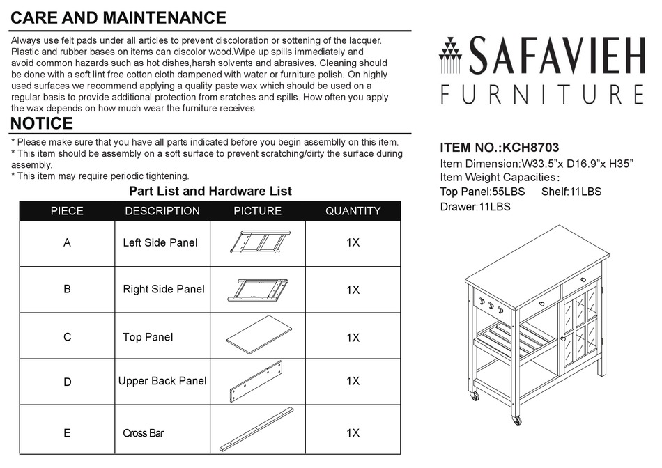 SAFAVIEH FURNITURE KCH8703 ASSEMBLY INSTRUCTIONS MANUAL Pdf Download