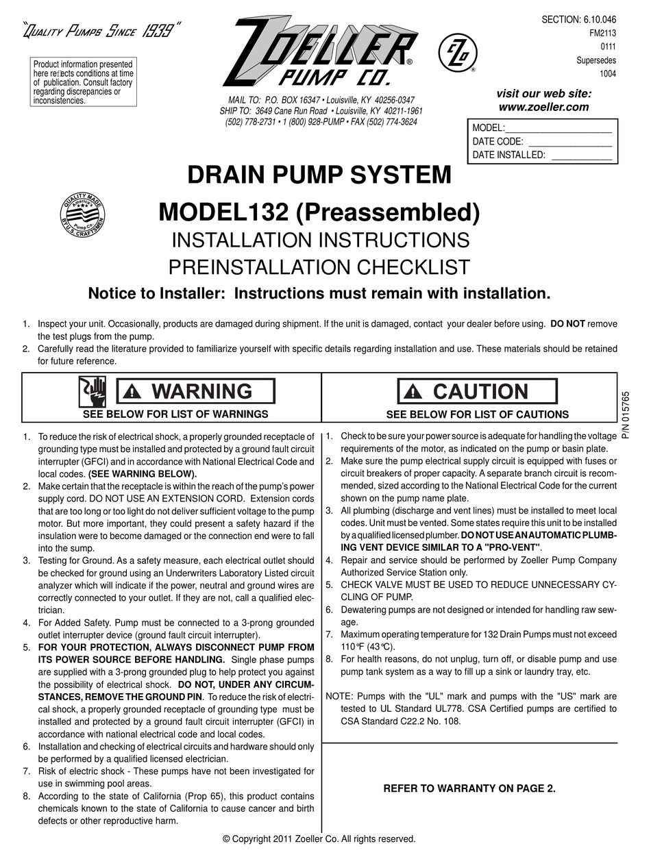 ZOELLER 132 INSTALLATION INSTRUCTIONS Pdf Download | ManualsLib