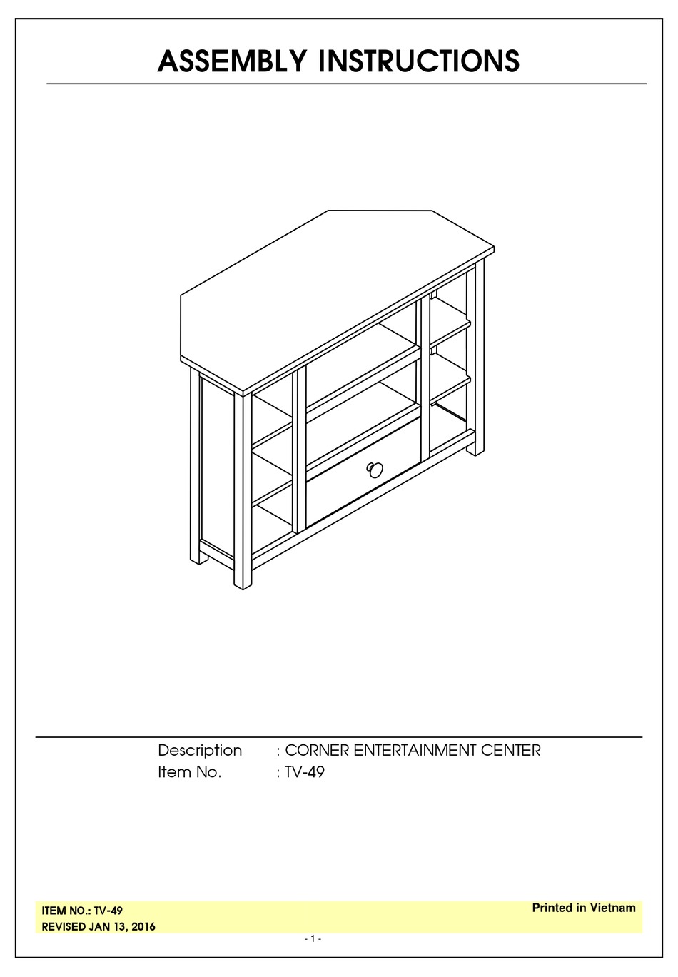 UNFINISHED FURNITURE OF WILMINGTON TV49 QUICK START MANUAL Pdf