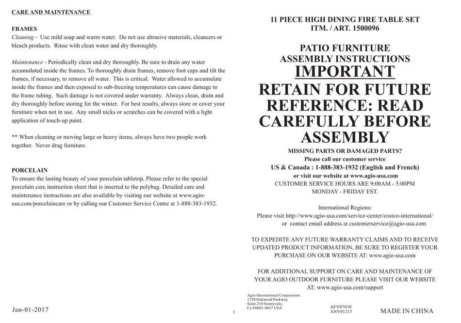 AGIO 1500096 ASSEMBLY INSTRUCTIONS MANUAL Pdf Download ManualsLib