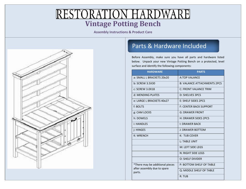 RESTORATION HARDWARE VINTAGE POTTING BENCH ASSEMBLY INSTRUCTIONS Pdf