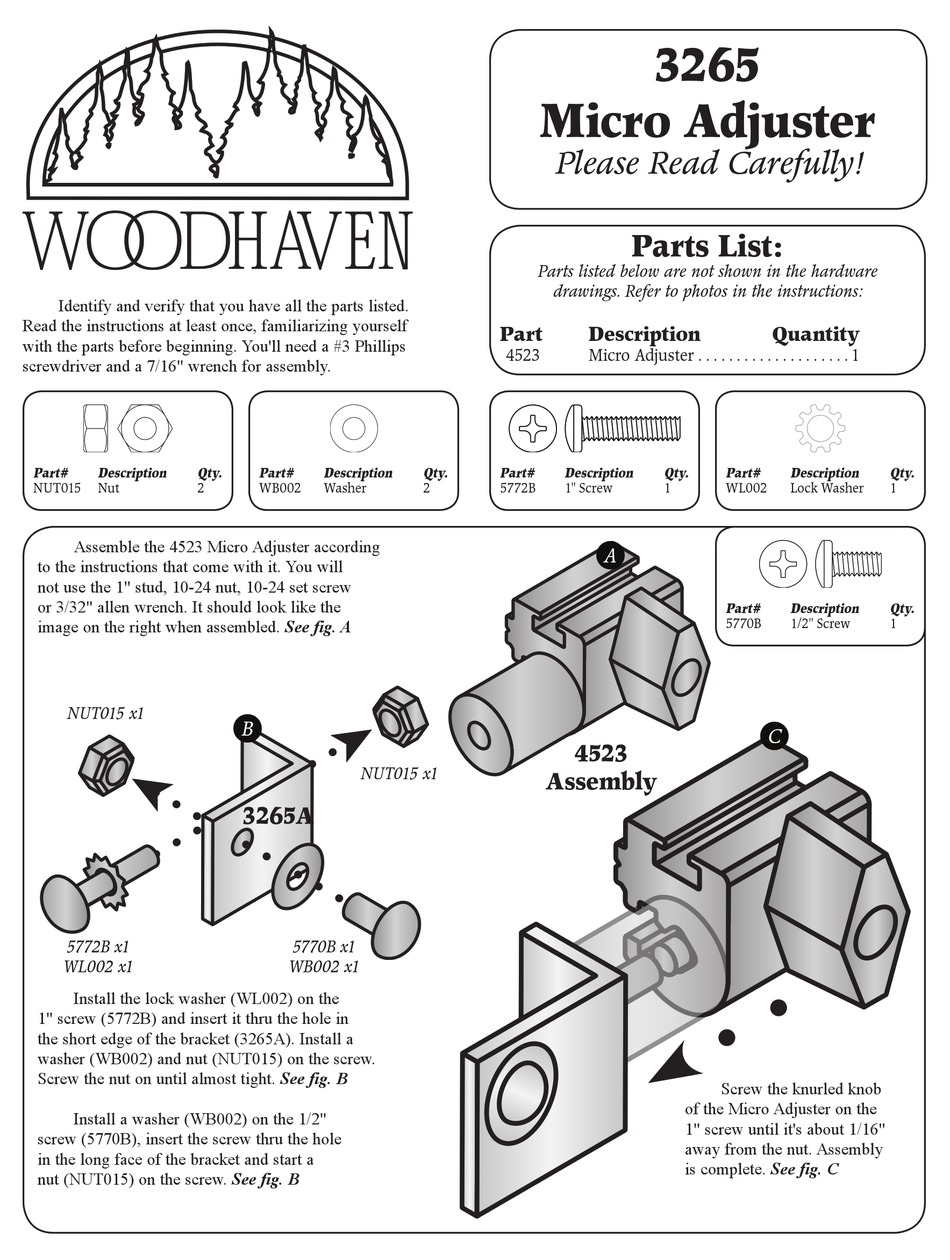 WOODHAVEN MICRO ADJUSTER 3265 ASSEMBLY INSTRUCTIONS Pdf Download