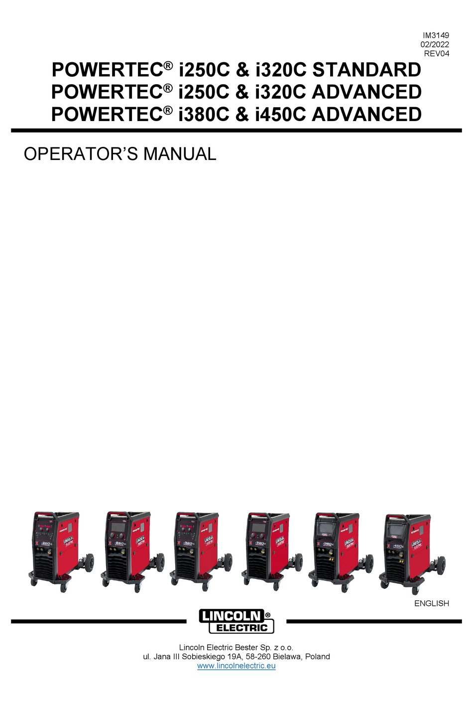 LINCOLN ELECTRIC POWERTEC I250C STANDARD OPERATOR