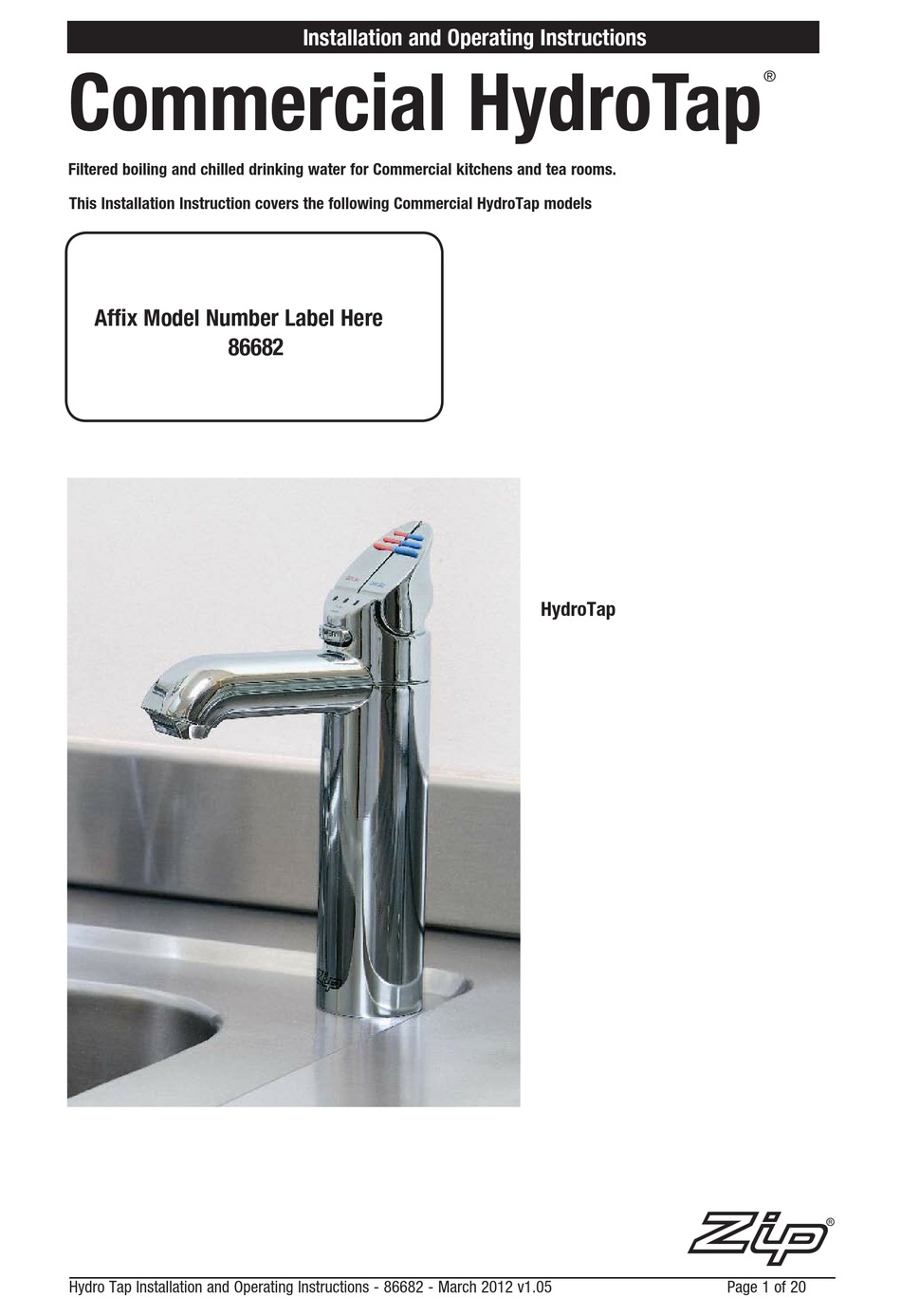ZIP COMMERCIAL HYDROTAP 86682 INSTALLATION AND OPERATING INSTRUCTIONS