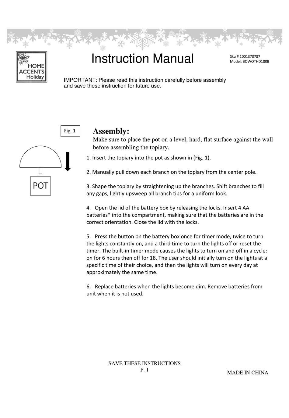 HOME ACCENTS HOLIDAY BOWOTHD180B INSTRUCTION MANUAL Pdf Download