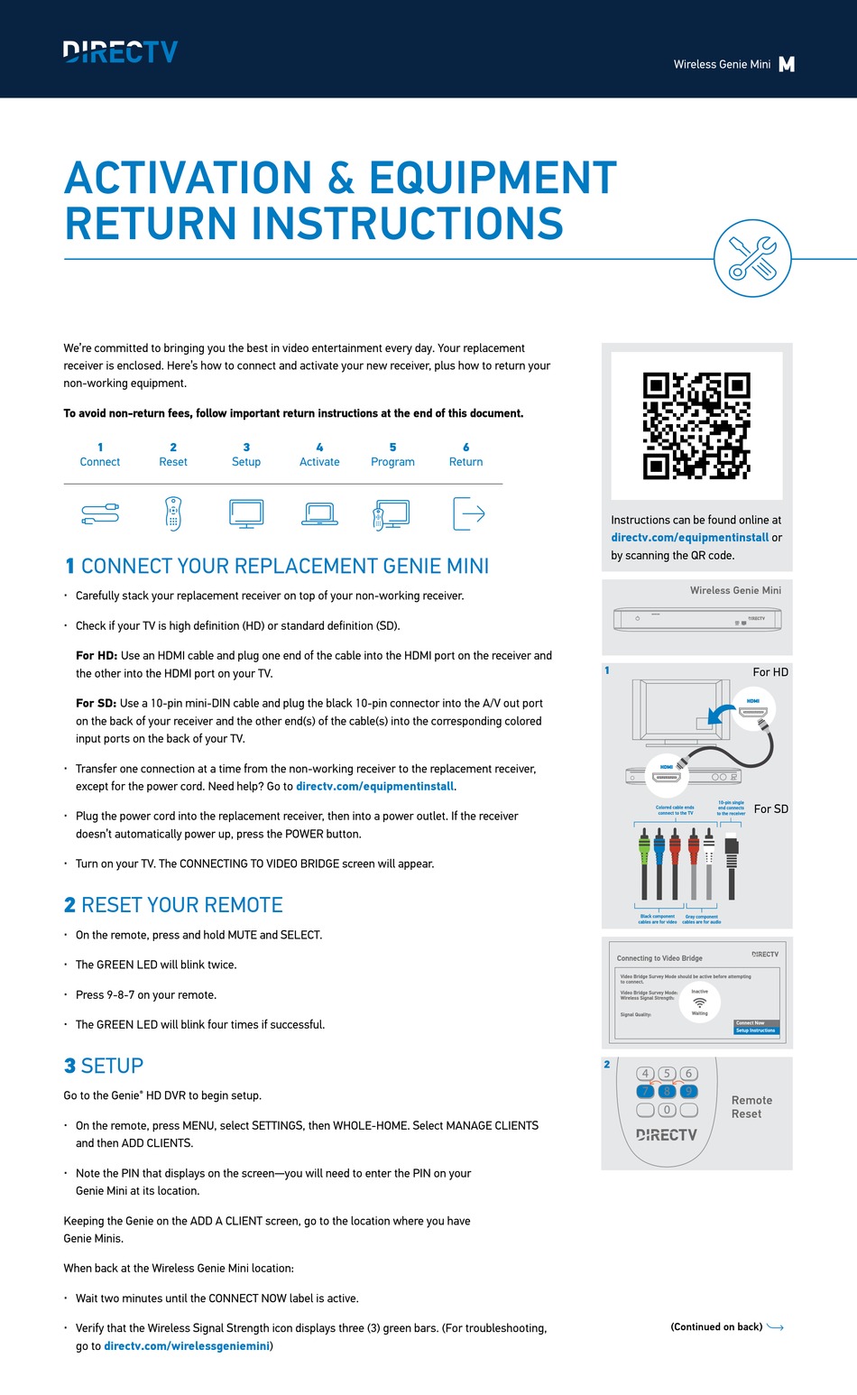 DIRECTV WIRELESS GENIE MINI ACTIVATION & EQUIPMENT RETURN INSTRUCTIONS