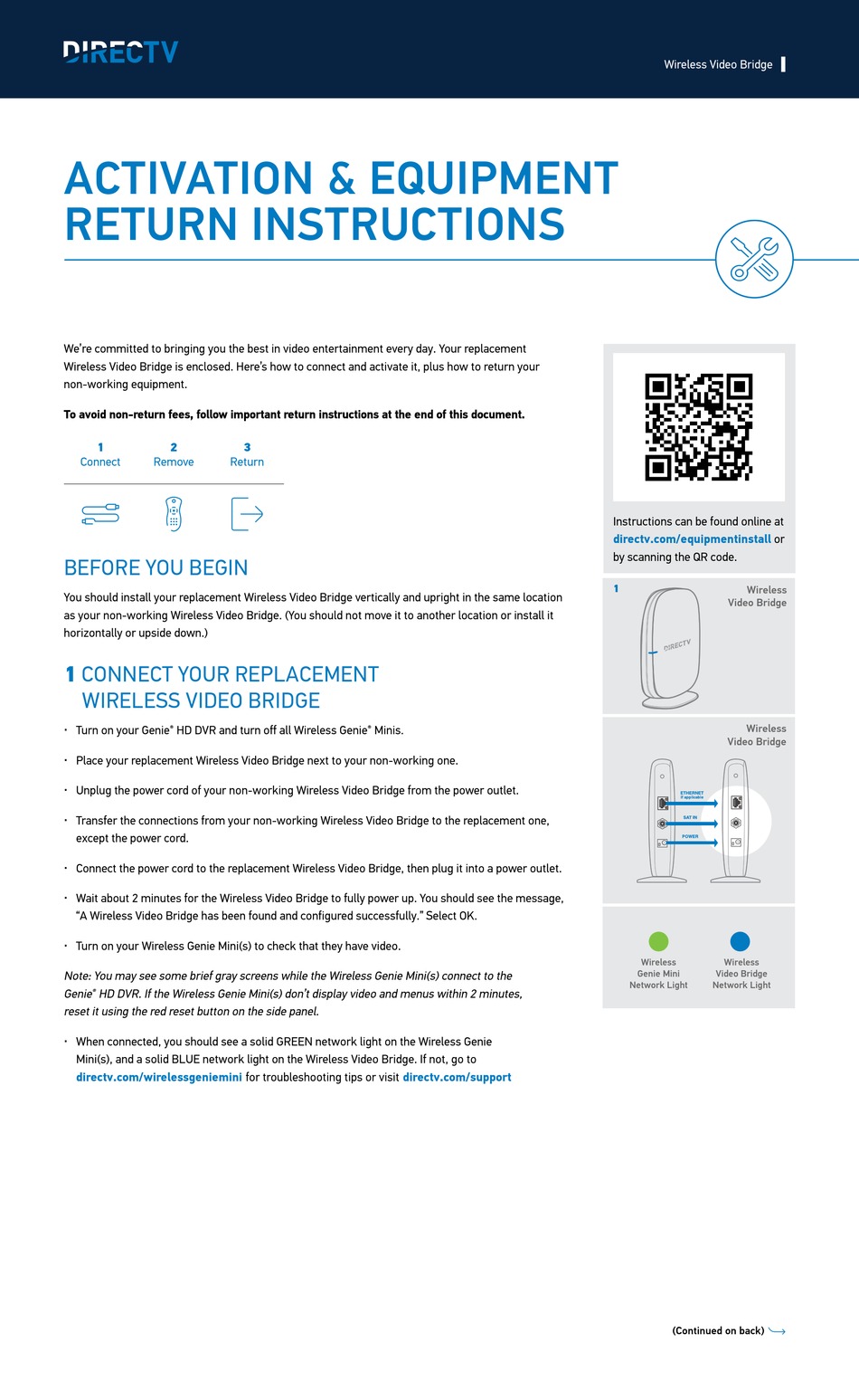 DIRECTV WIRELESS VIDEO BRIDGE ACTIVATION & EQUIPMENT RETURN