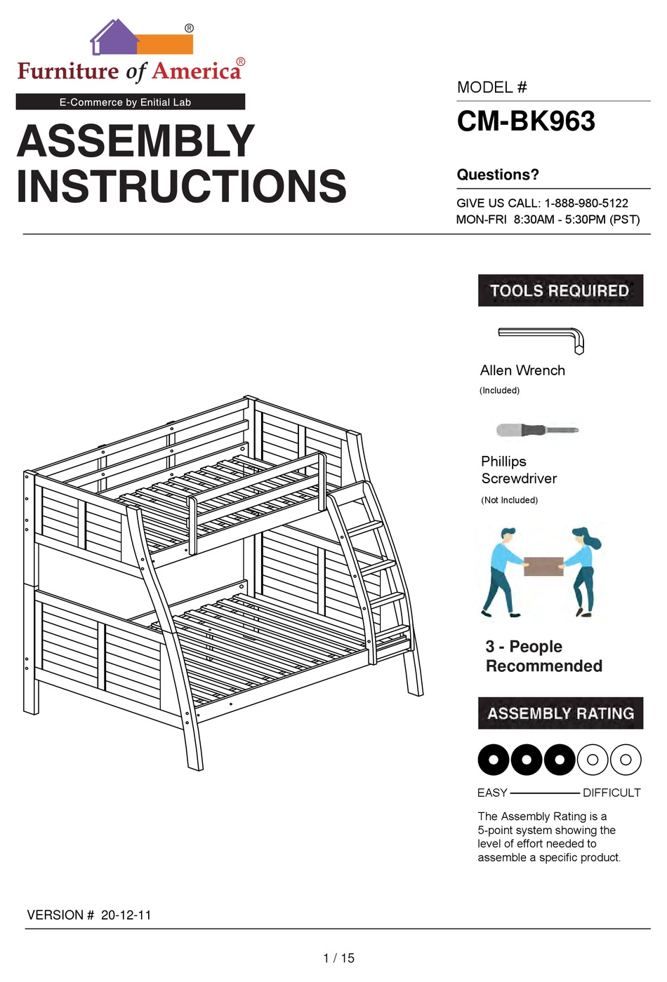 FURNITURE OF AMERICA HOOPLE TRUNDLE CMBK963 ASSEMBLY INSTRUCTIONS