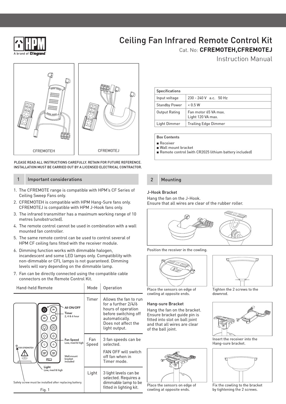 LEGRAND HPM CFREMOTEH INSTRUCTION MANUAL Pdf Download ManualsLib