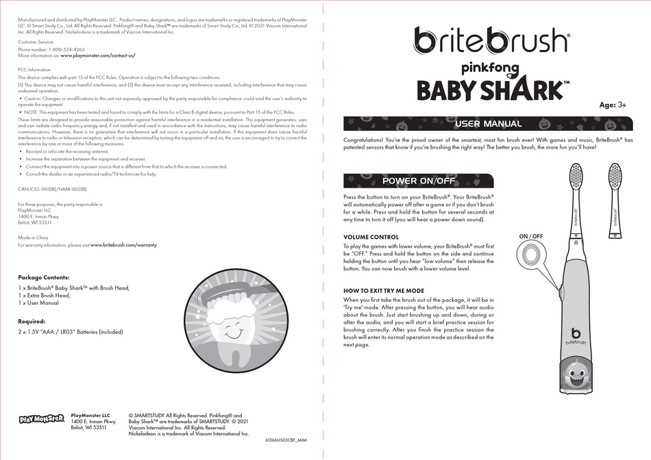 PLAYMONSTER BRITEBRUSH PINKFONG BABY SHARK USER MANUAL Pdf Download