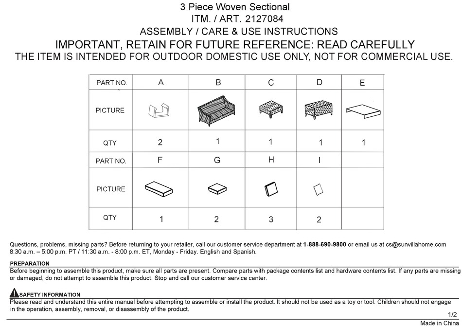 SUNVILLA 2127084 ASSEMBLY / CARE & USE INSTRUCTIONS Pdf Download