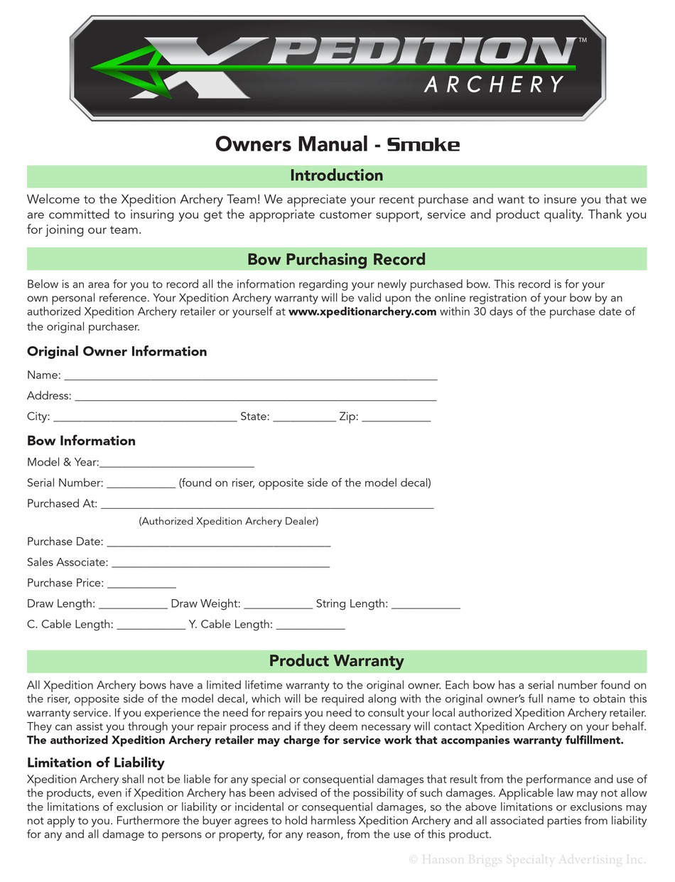 XPEDITION ARCHERY SMOKE OWNER'S MANUAL Pdf Download ManualsLib