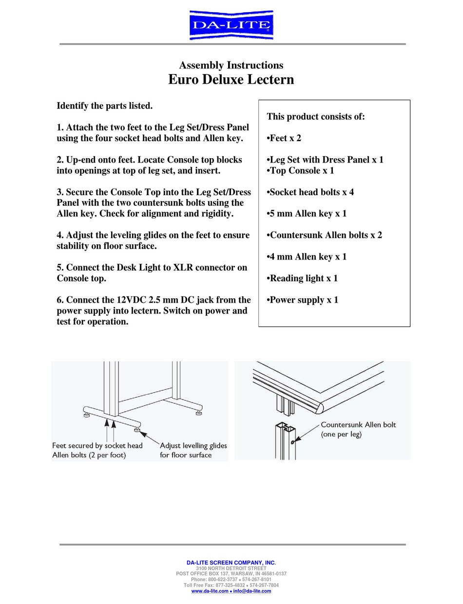 DA-LITE EURO DELUXE LECTERN ASSEMBLY INSTRUCTIONS Pdf Download | ManualsLib