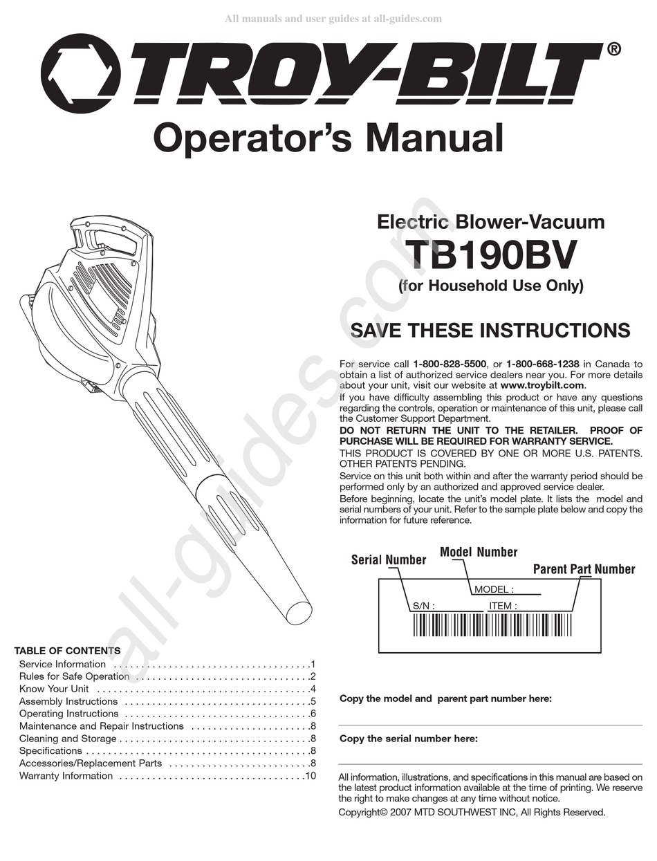 TROY-BILT TB190BV OPERATOR'S MANUAL Pdf Download | ManualsLib