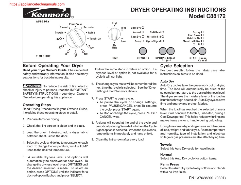 KENMORE C88172 OPERATING INSTRUCTIONS MANUAL Pdf Download ManualsLib
