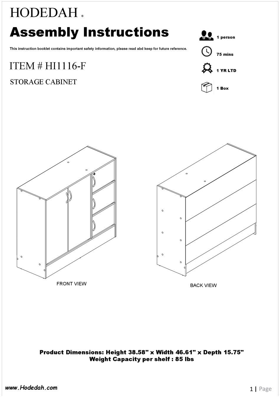 HODEDAH HI1116F ASSEMBLY INSTRUCTIONS MANUAL Pdf Download ManualsLib