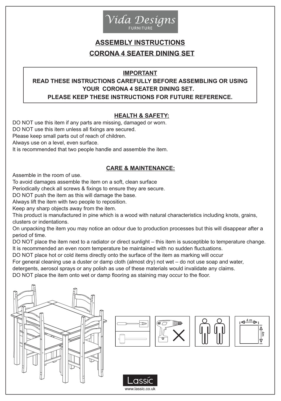 VIDA DESIGNS CORONA 4 SEATER DINING SET ASSEMBLY INSTRUCTIONS Pdf