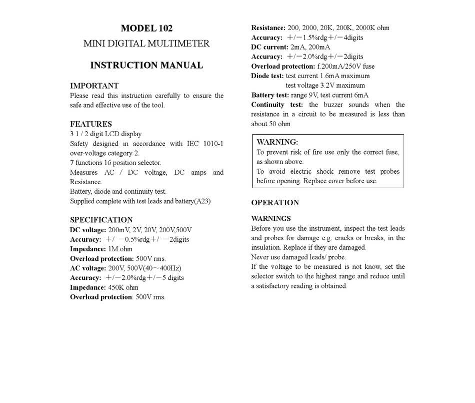 CEM DT-102 INSTRUCTION MANUAL Pdf Download | ManualsLib