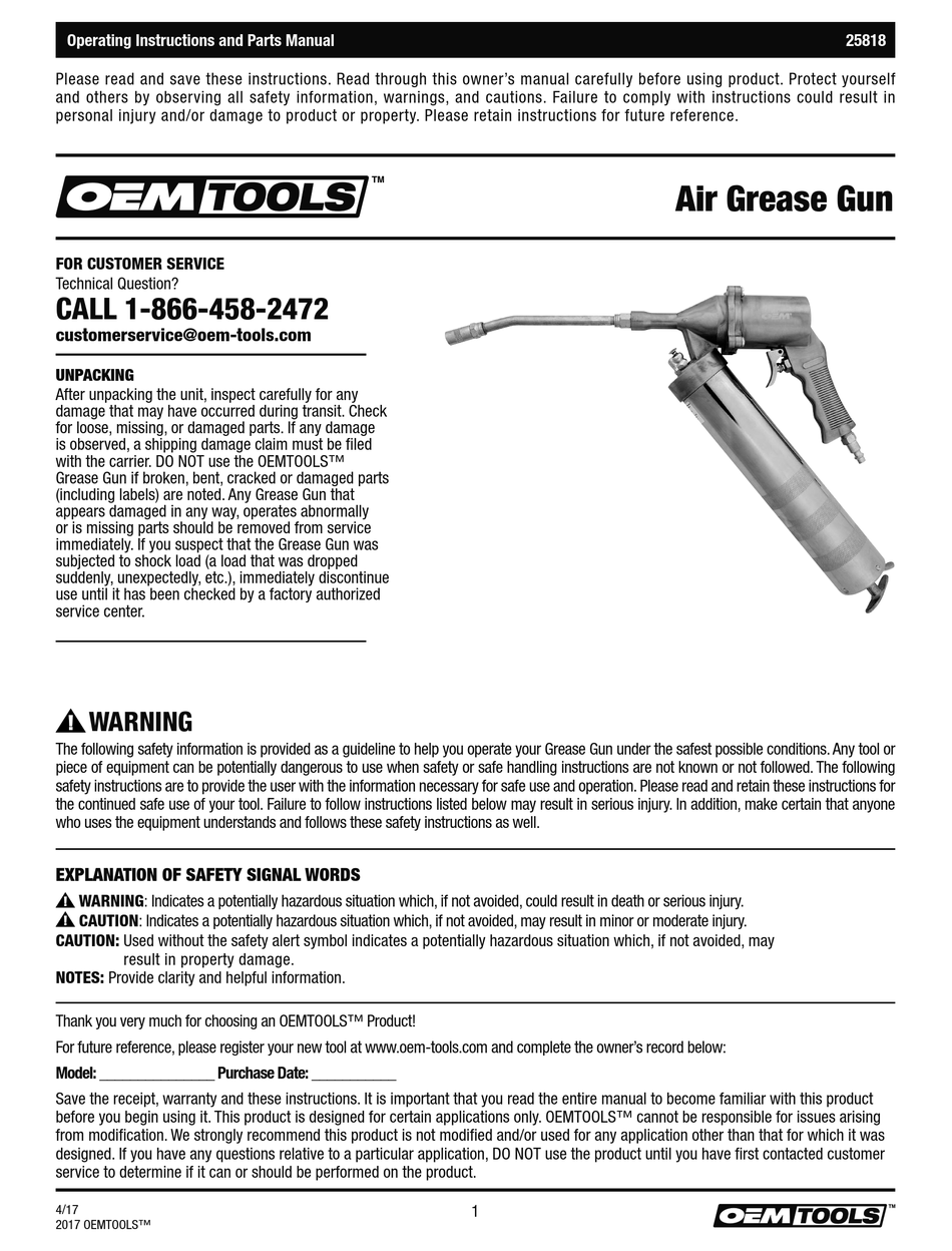 OEM TOOLS 25818 OPERATING INSTRUCTIONS AND PARTS MANUAL Pdf Download