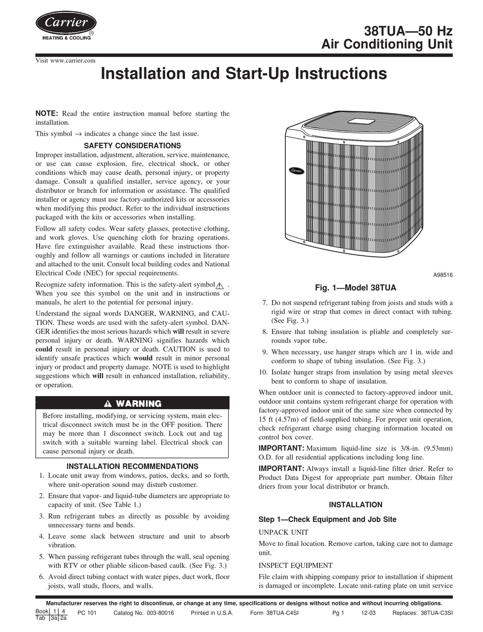 CARRIER 38TUA INSTALLATION AND START-UP INSTRUCTIONS MANUAL Pdf ...