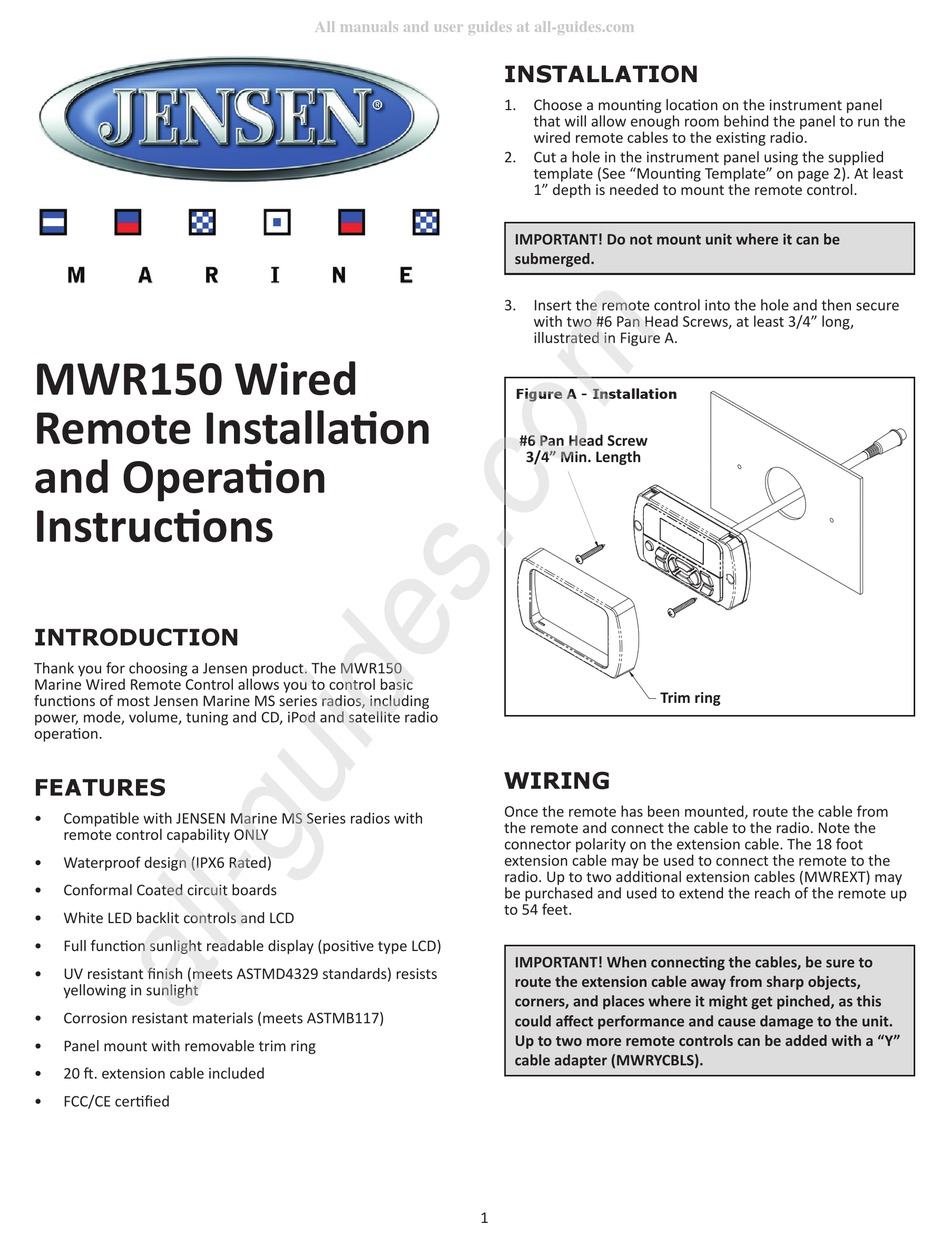 JENSEN MWR150 INSTALLATION AND OPERATION INSTRUCTION Pdf Download
