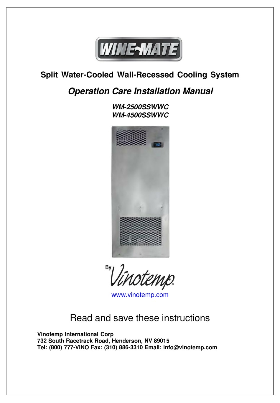 VINOTEMP WINEMATE WM2500SSWWC OPERATION CARE INSTALLATION MANUAL Pdf