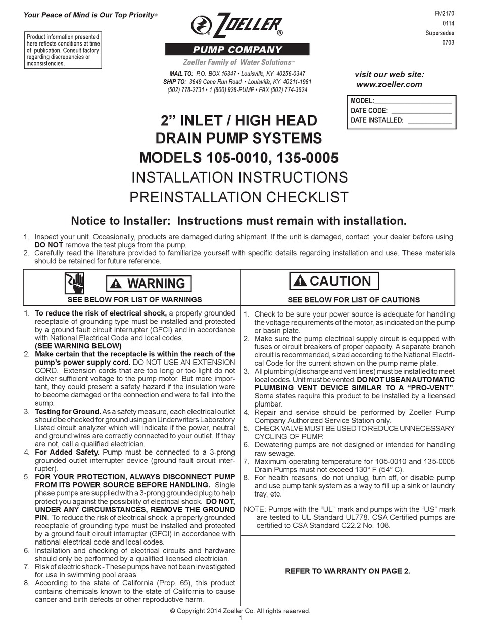 ZOELLER 105-0010 INSTALLATION INSTRUCTIONS MANUAL Pdf Download | ManualsLib