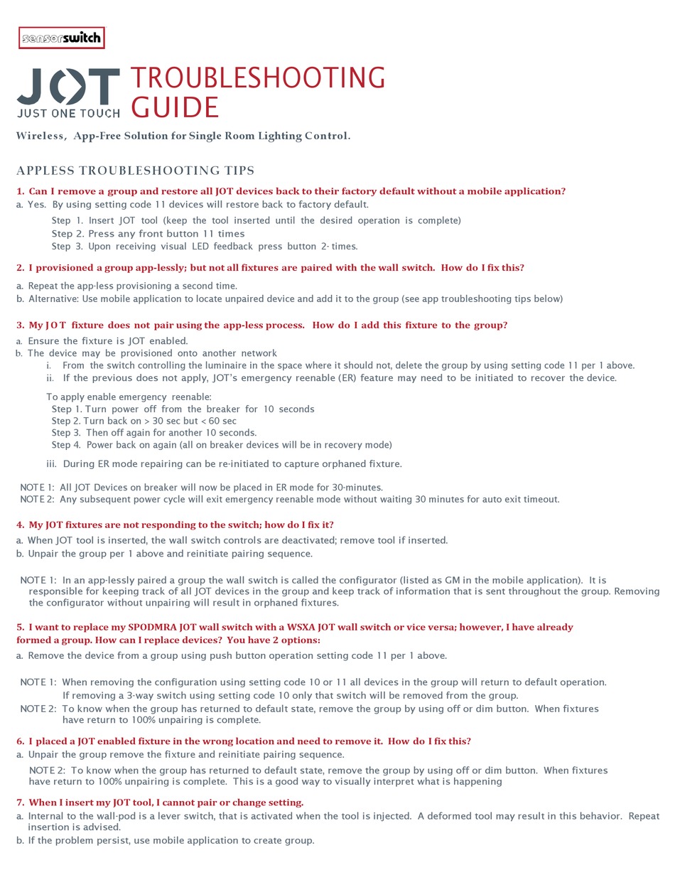 SENSOR SWITCH JOT WSXA TROUBLESHOOTING MANUAL Pdf Download ManualsLib