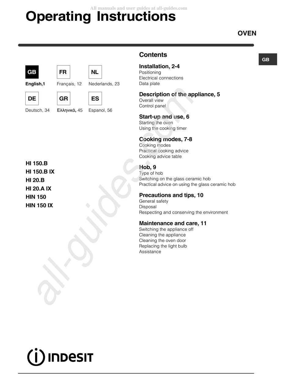 INDESIT HI 150.B OPERATING INSTRUCTIONS MANUAL Pdf Download | ManualsLib