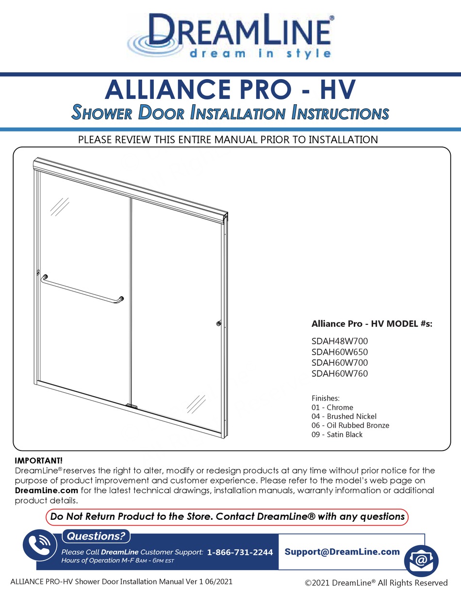 DREAMLINE ALLIANCE PRO SDAH48W700 INSTALLATION INSTRUCTIONS MANUAL Pdf