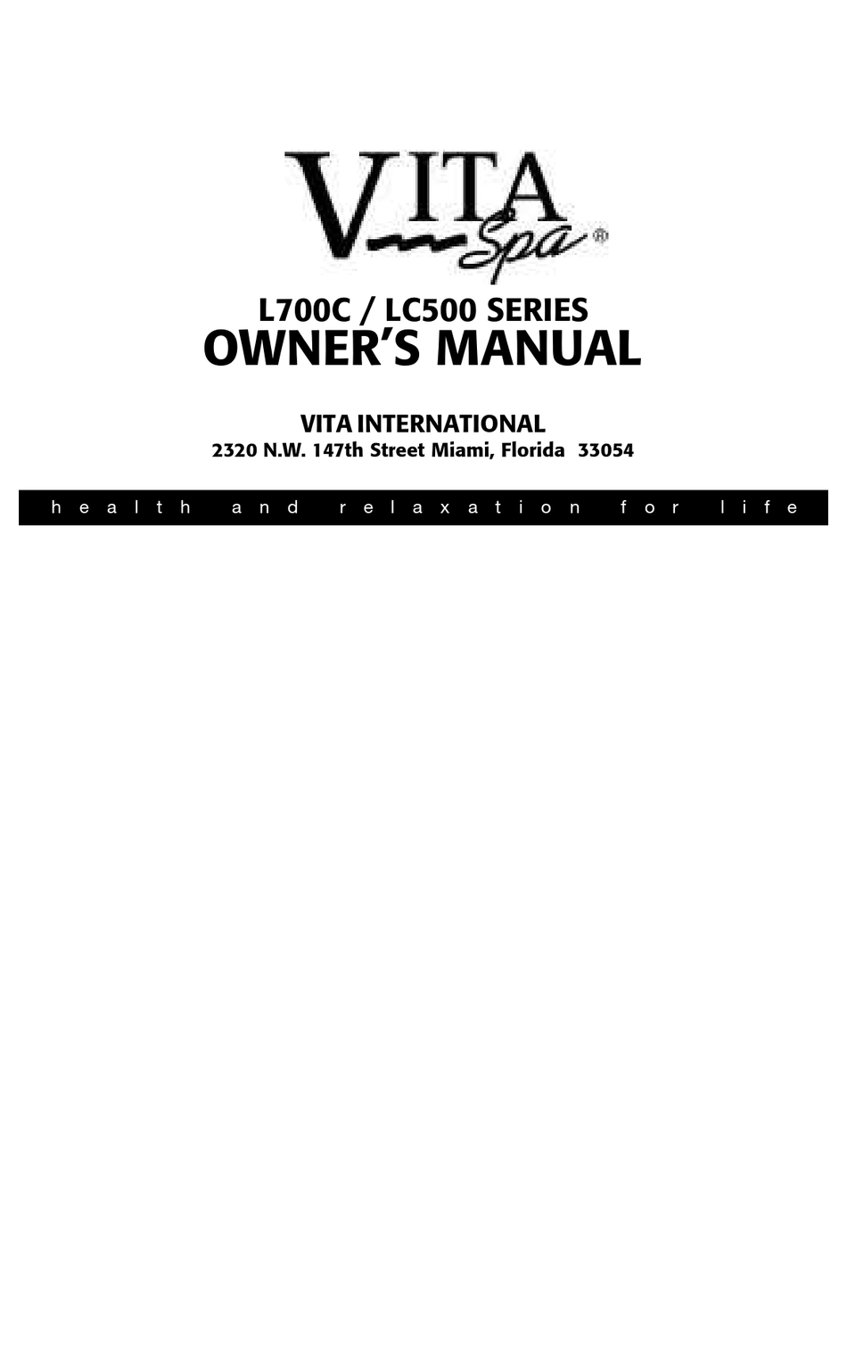 Vita Spa L700c Series Owners Manual Pdf Download Manualslib