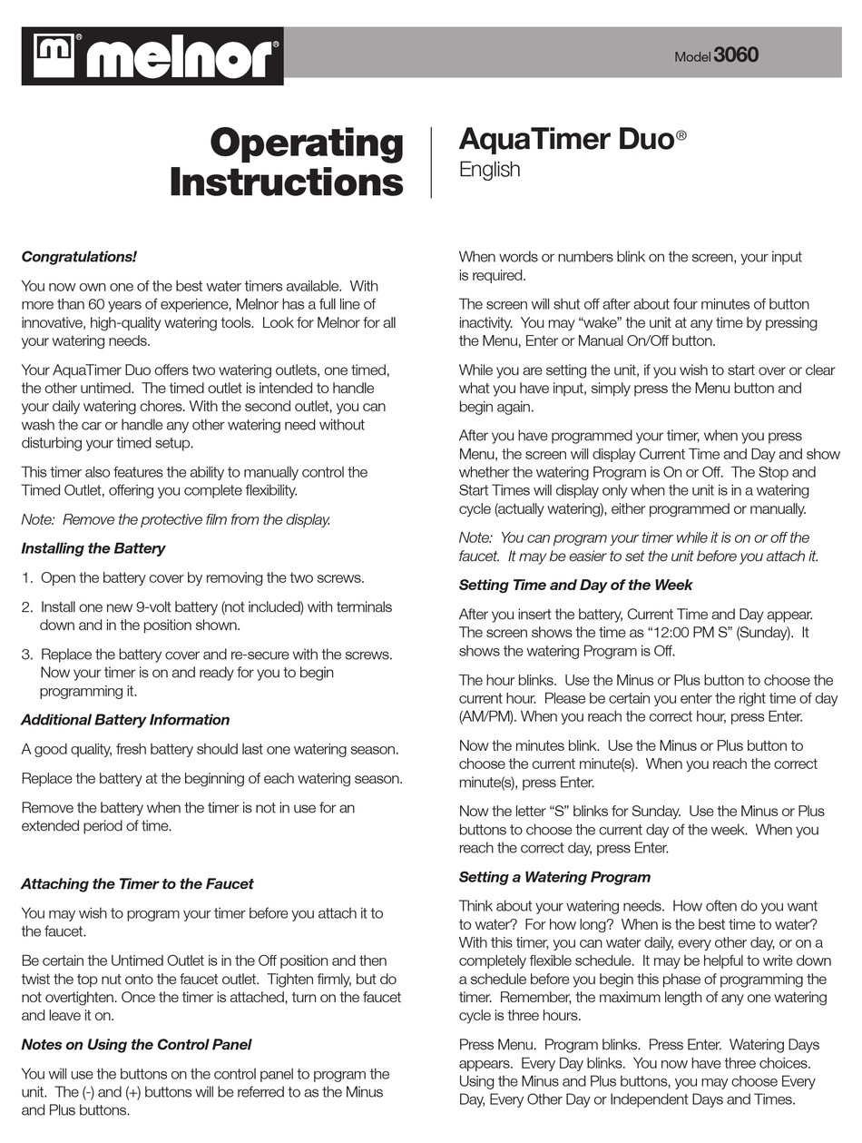 MELNOR AQUATIMER DUO 3060 OPERATING INSTRUCTIONS Pdf Download ManualsLib