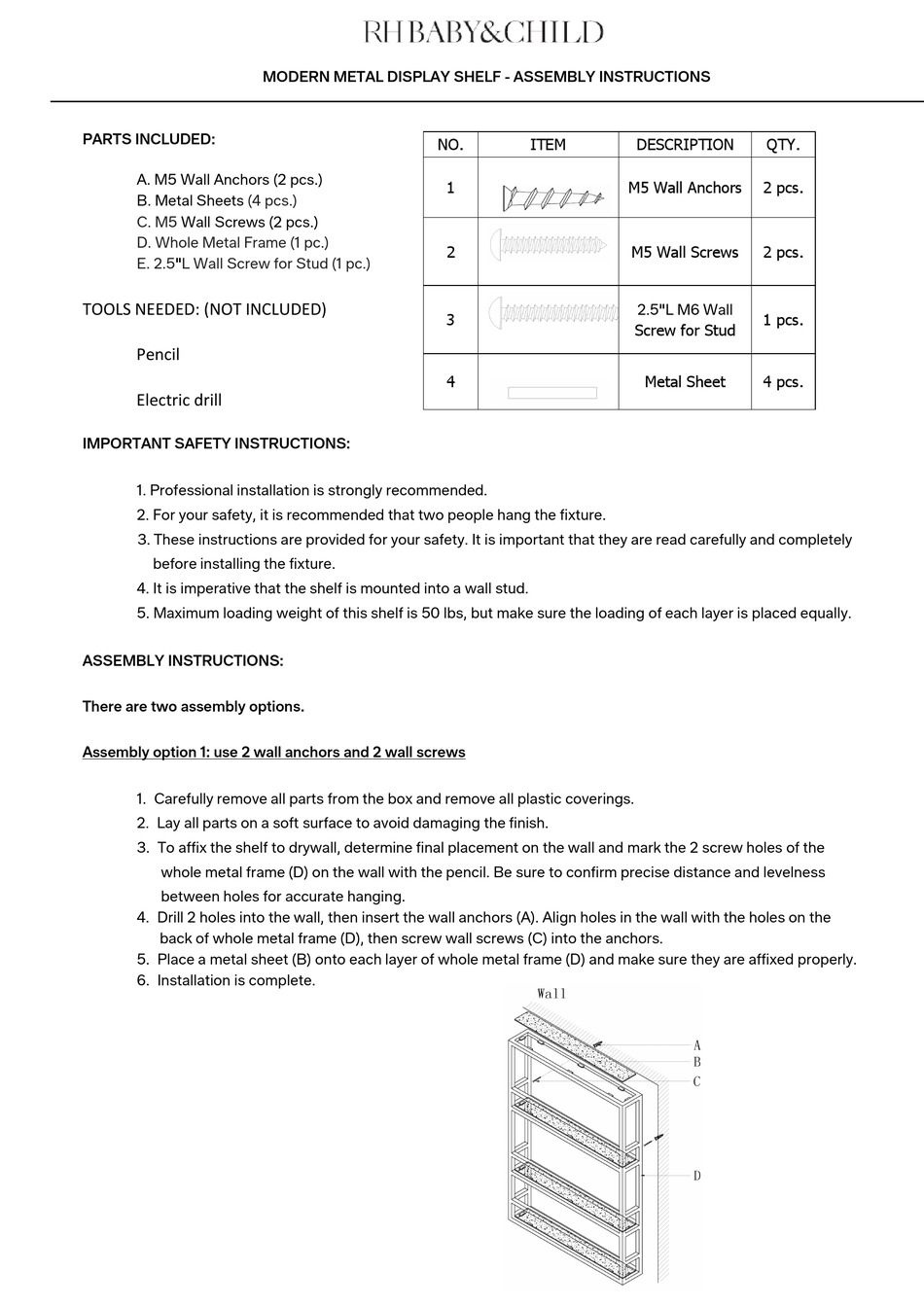 RH BABY&CHILD MODERN METAL DISPLAY SHELF ASSEMBLY INSTRUCTIONS Pdf
