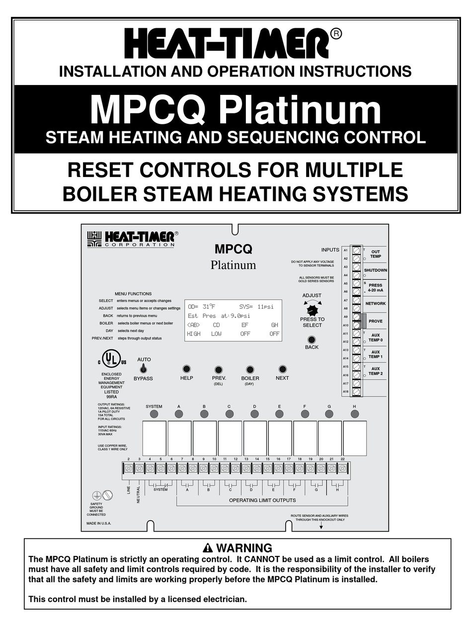 HEATTIMER MPCQ PLATINUM INSTALLATION AND OPERATION INSTRUCTIONS FOR