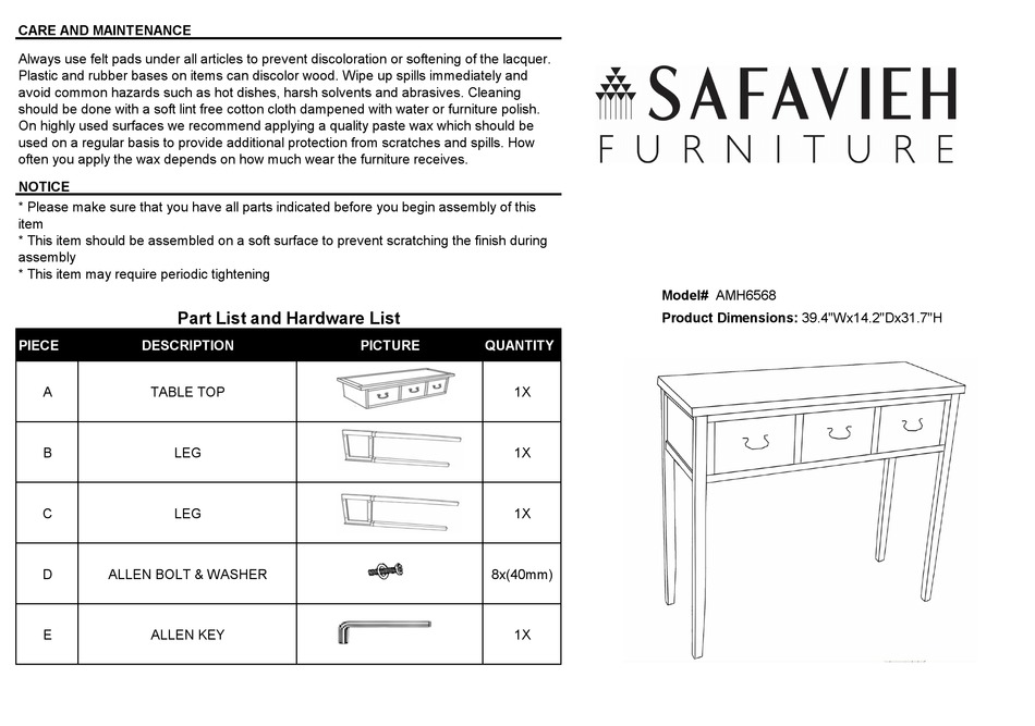 SAFAVIEH FURNITURE AMH6568 MANUAL Pdf Download ManualsLib