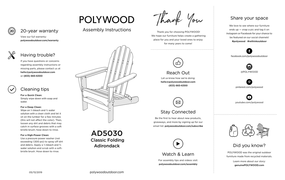 POLYWOOD CLASSIC FOLDING ADIRONDACK AD5030 ASSEMBLY INSTRUCTIONS Pdf