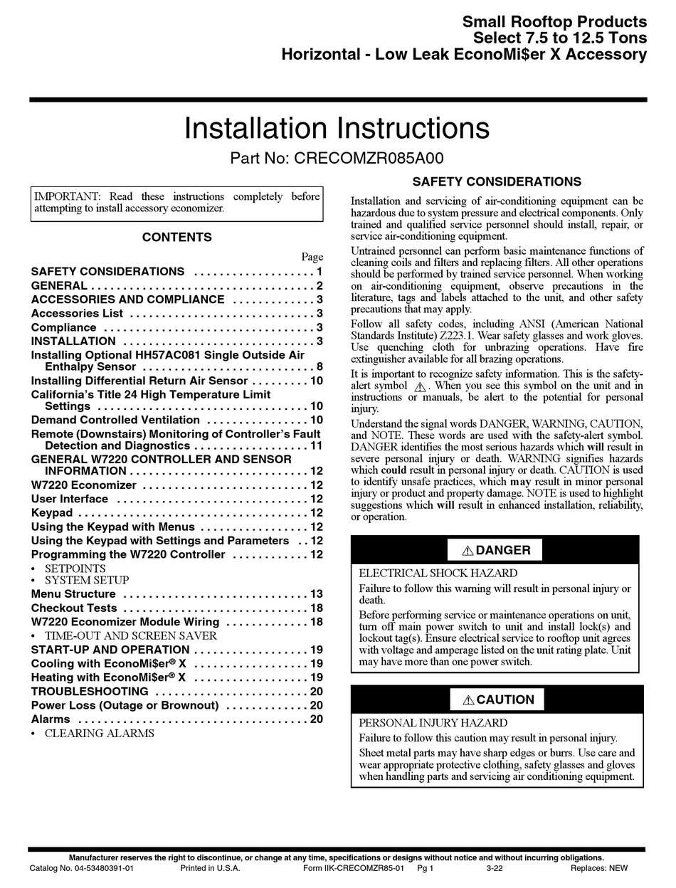 CARRIER CRECOMZR085A00 INSTALLATION INSTRUCTIONS MANUAL Pdf Download ...