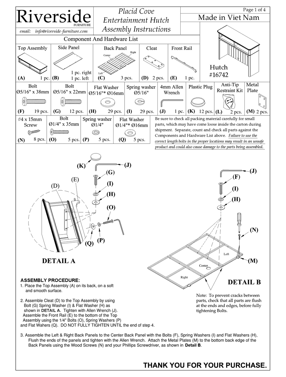 RIVERSIDE FURNITURE PLACID COVE ENTERTAINMENT HUTCH 16742 ASSEMBLY