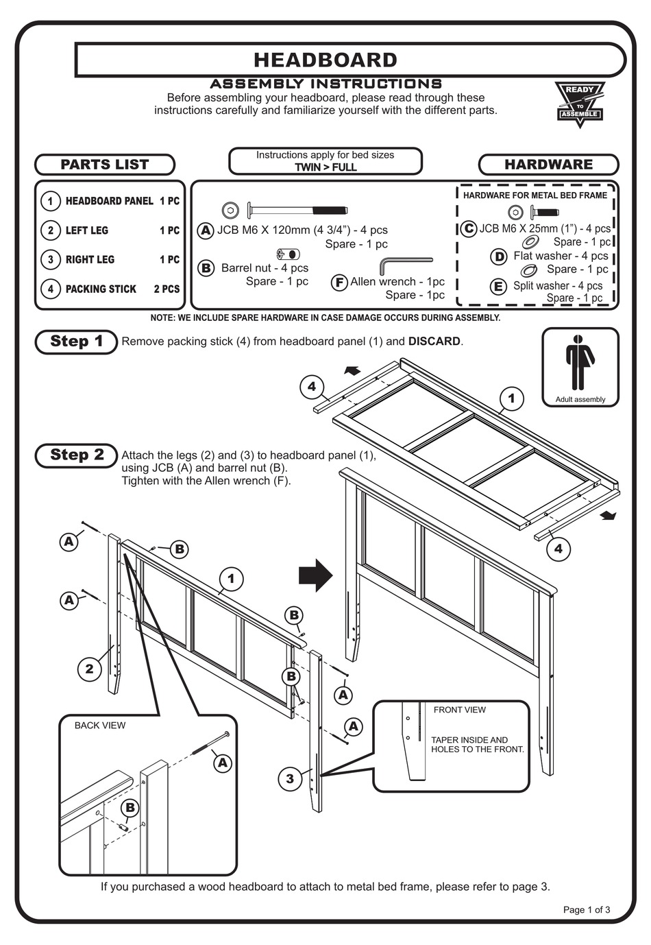 READY TO ASSEMBLE HEADBOARD ASSEMBLY INSTRUCTIONS Pdf Download ManualsLib