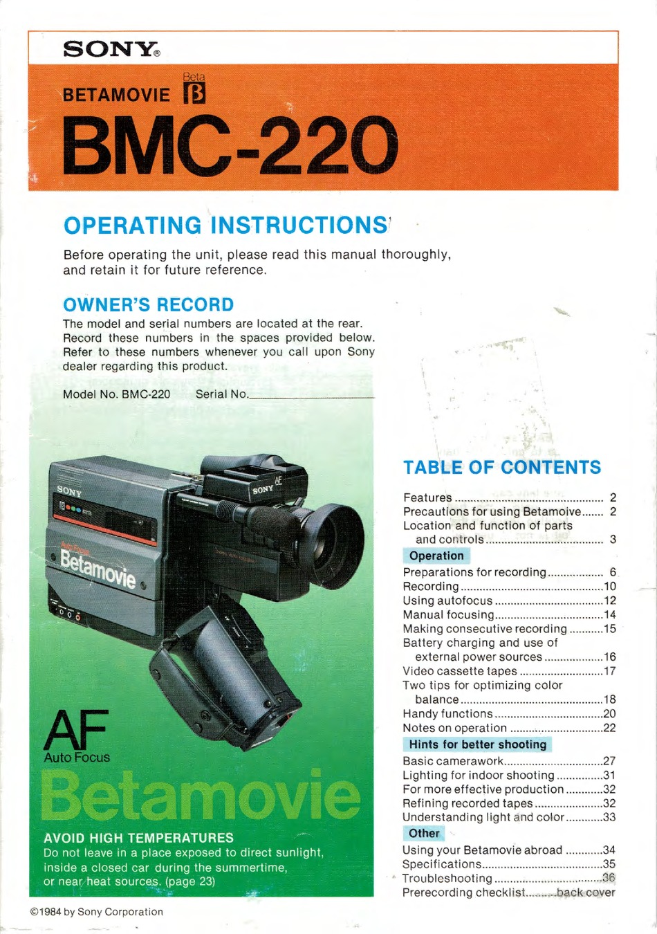 SONY BETAMOVIE BMC-220 OPERATING INSTRUCTIONS MANUAL Pdf Download