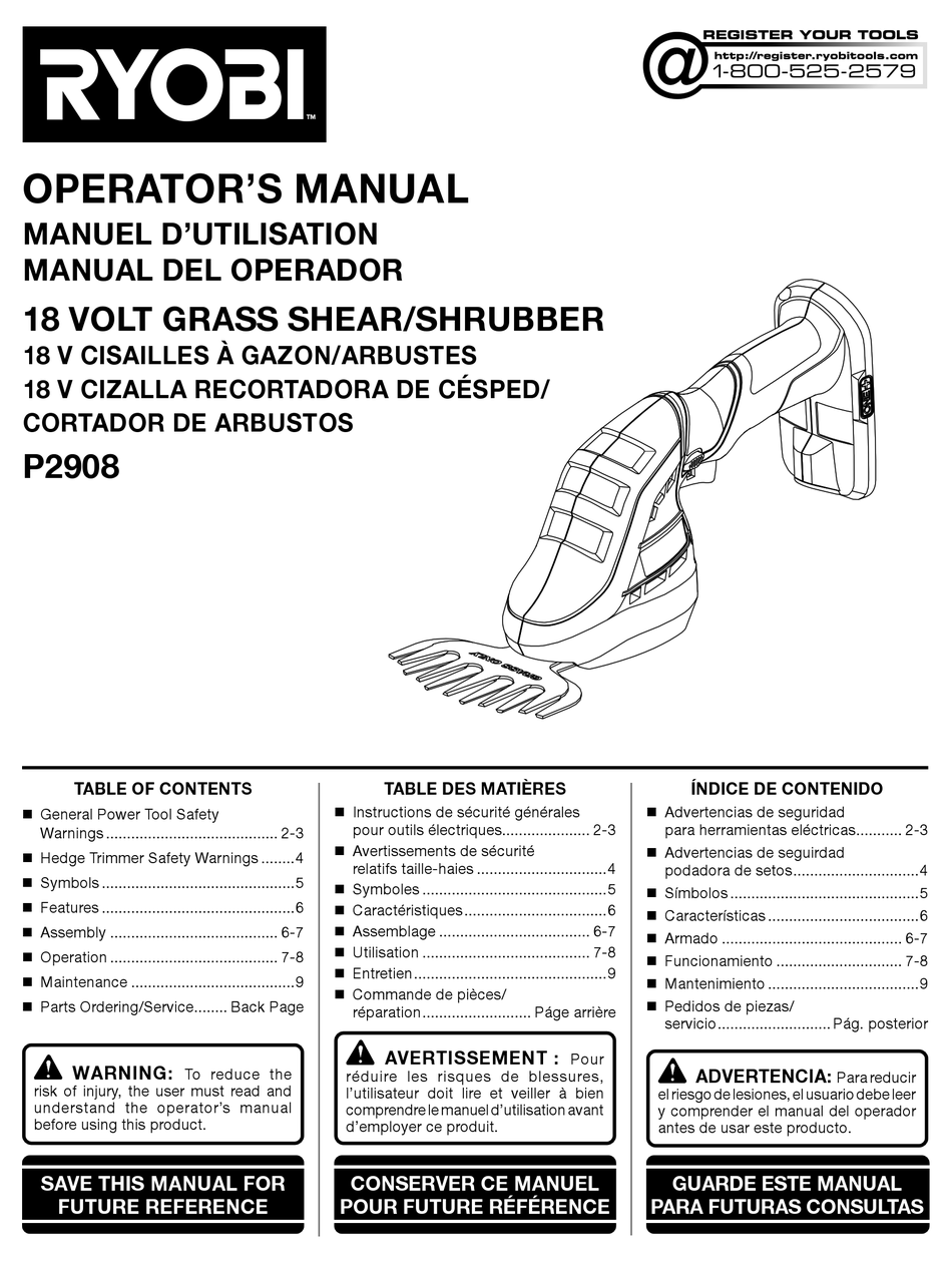 RYOBI P2908 OPERATOR'S MANUAL Pdf Download | ManualsLib